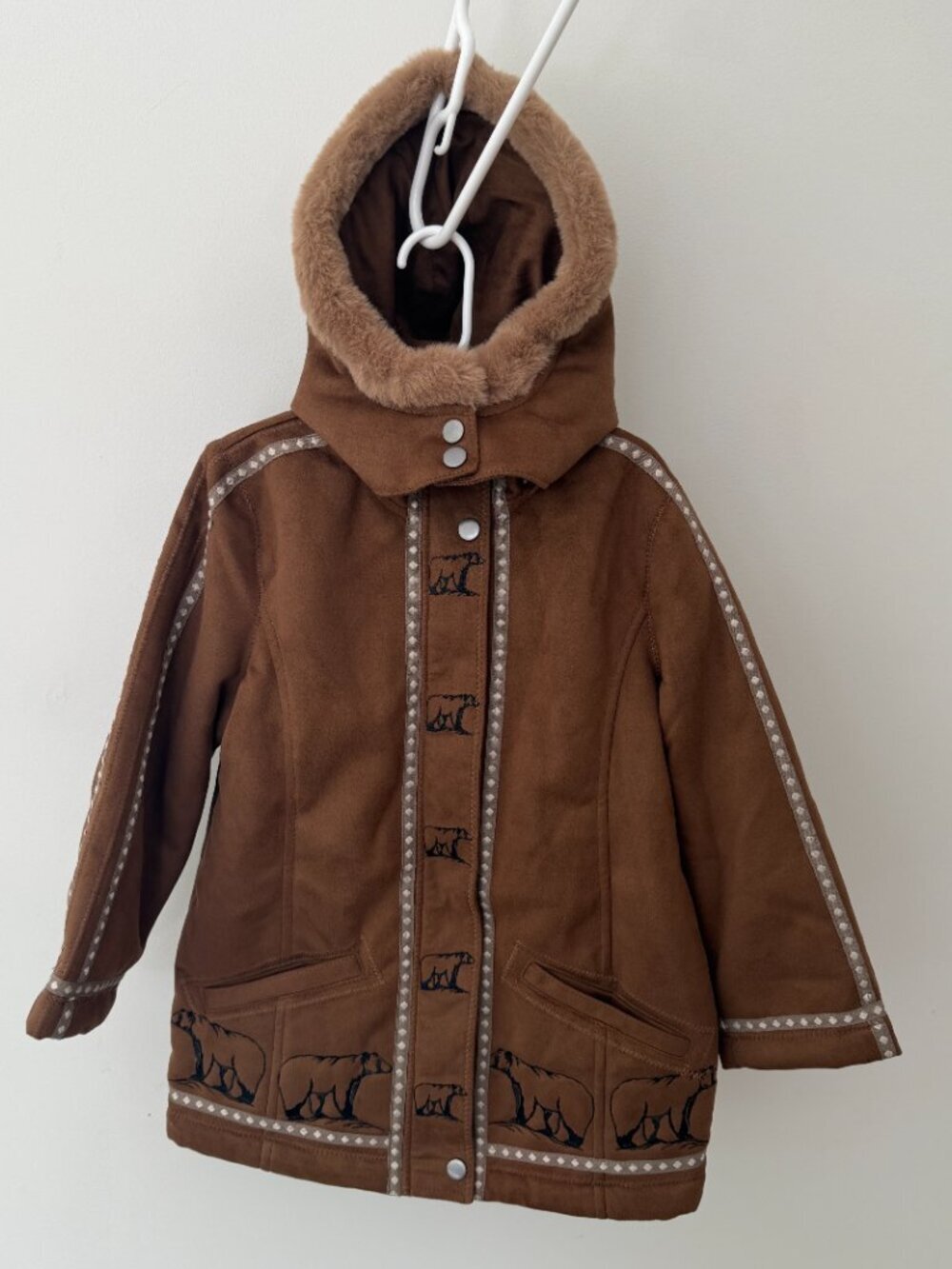 Ameri Mode Brown Faux Fur Lined Black Bear Embroidered Kids Hooded Parka Coat